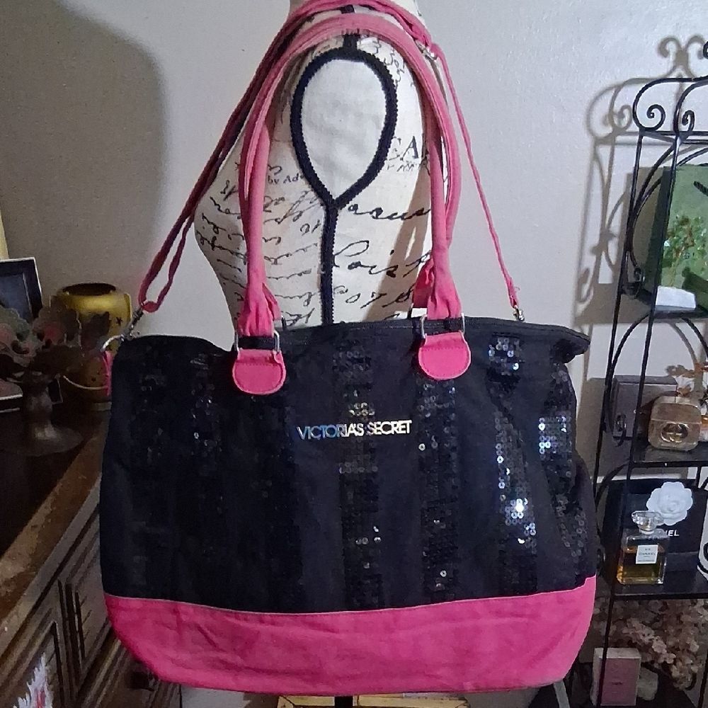 Victoria's Secret Black and Pink Sequin Tote
